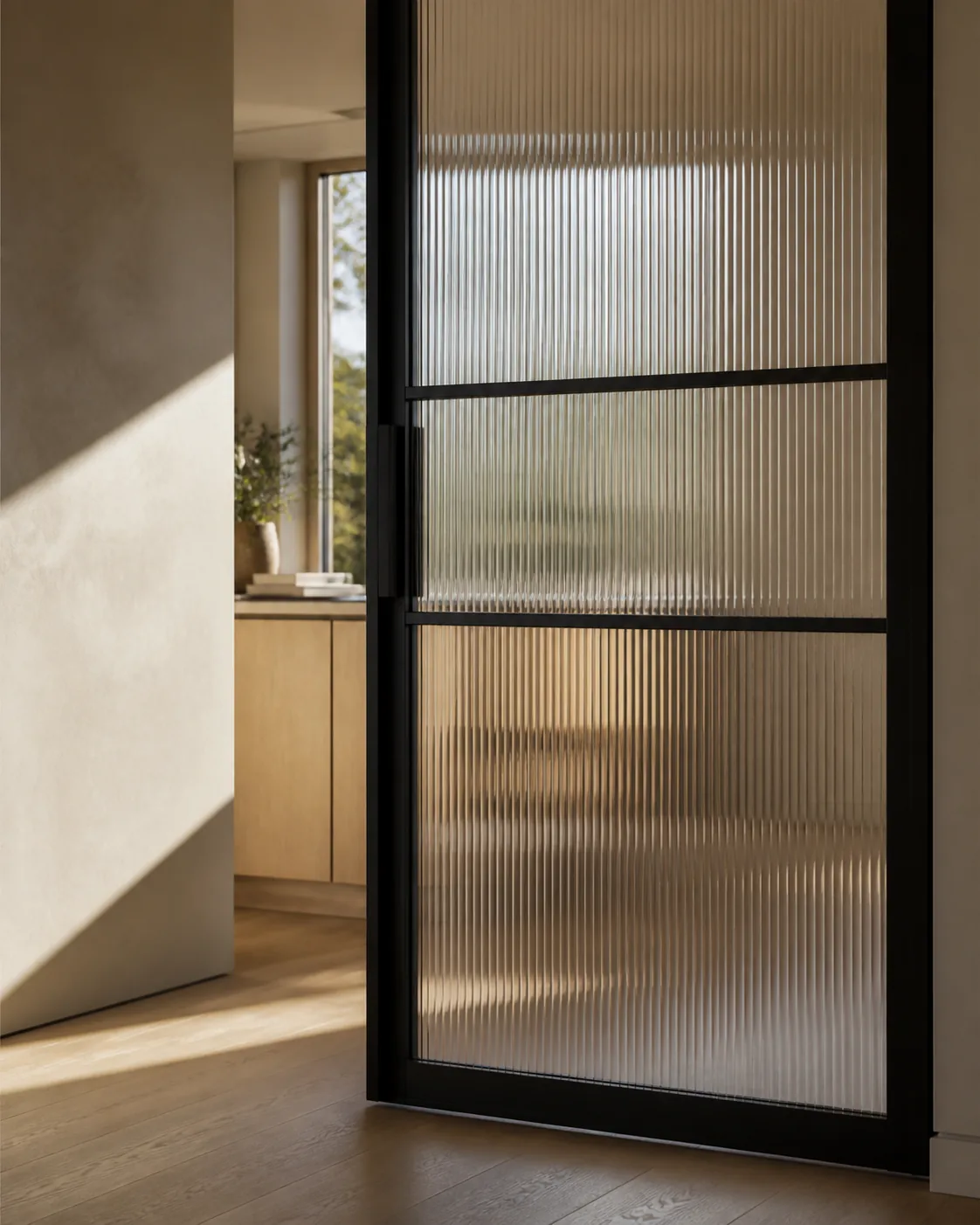 Licht door figuurglas in een stalen deur