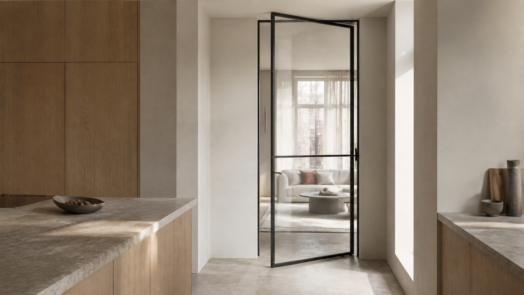 Black steel pivot door in a light kitchen opening into the living room