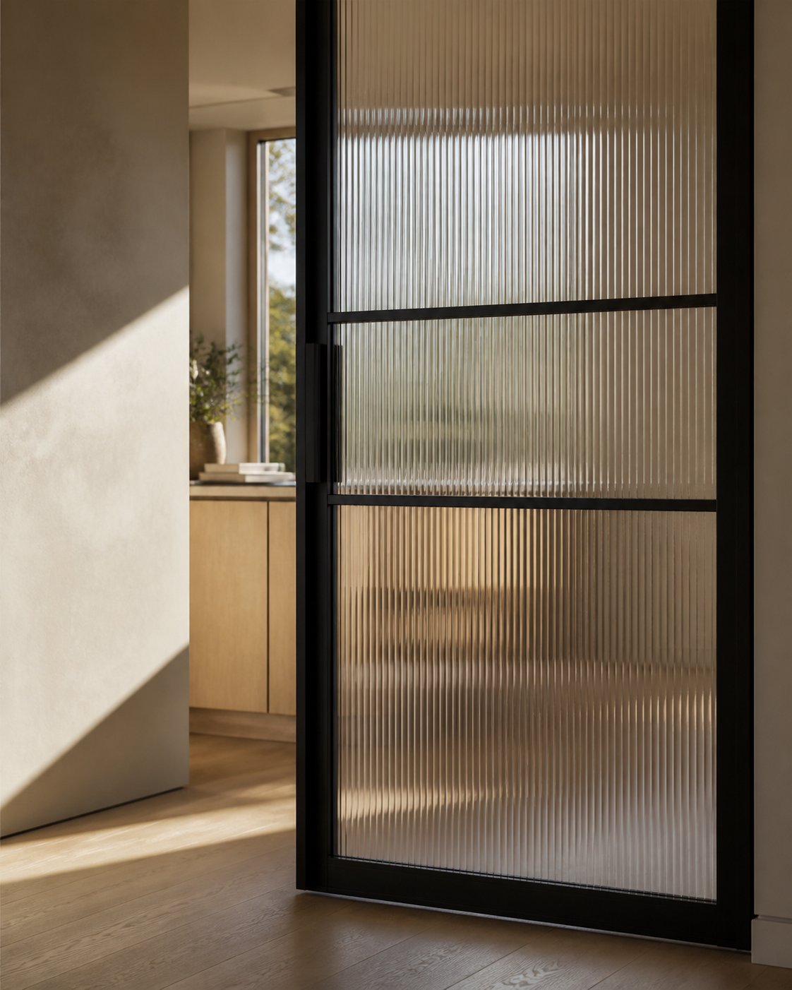Morning light through a steel door with fluted glass