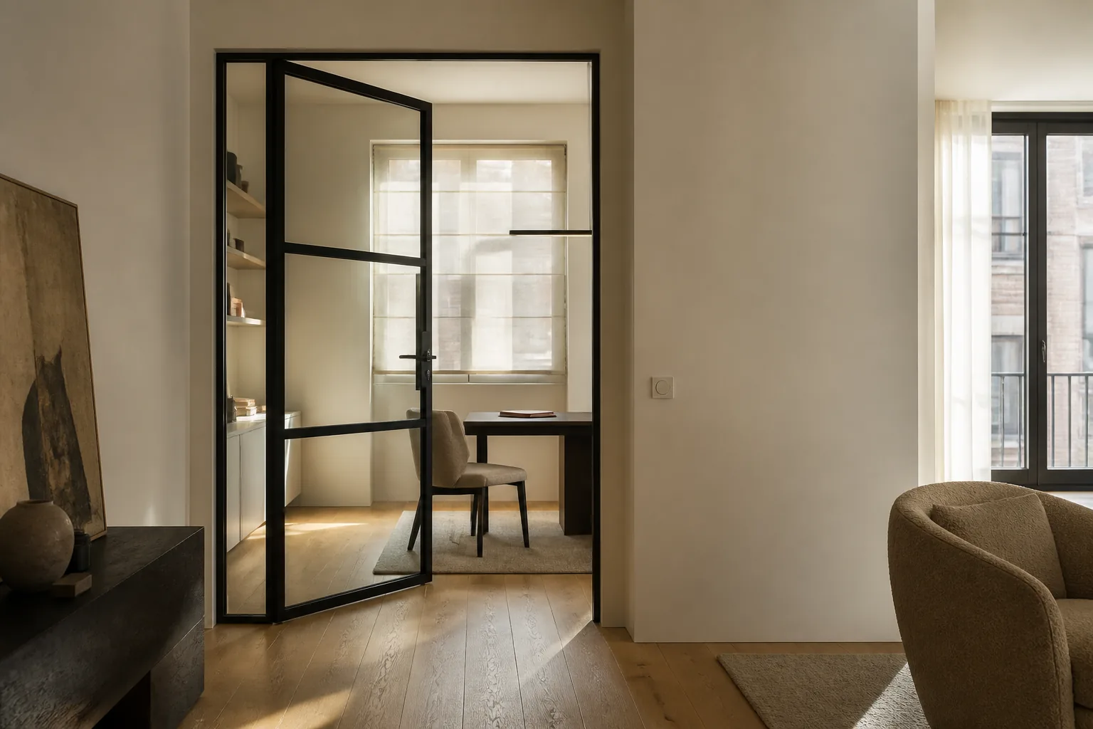 Stalen binnendeur met glas bij een bureau aan huis