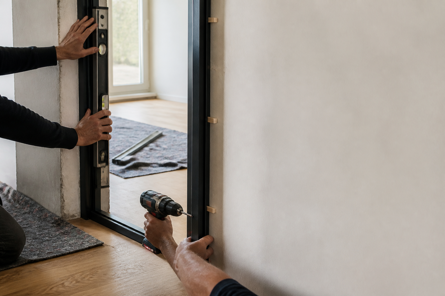 Installer aligning a black steel door frame with a spirit level