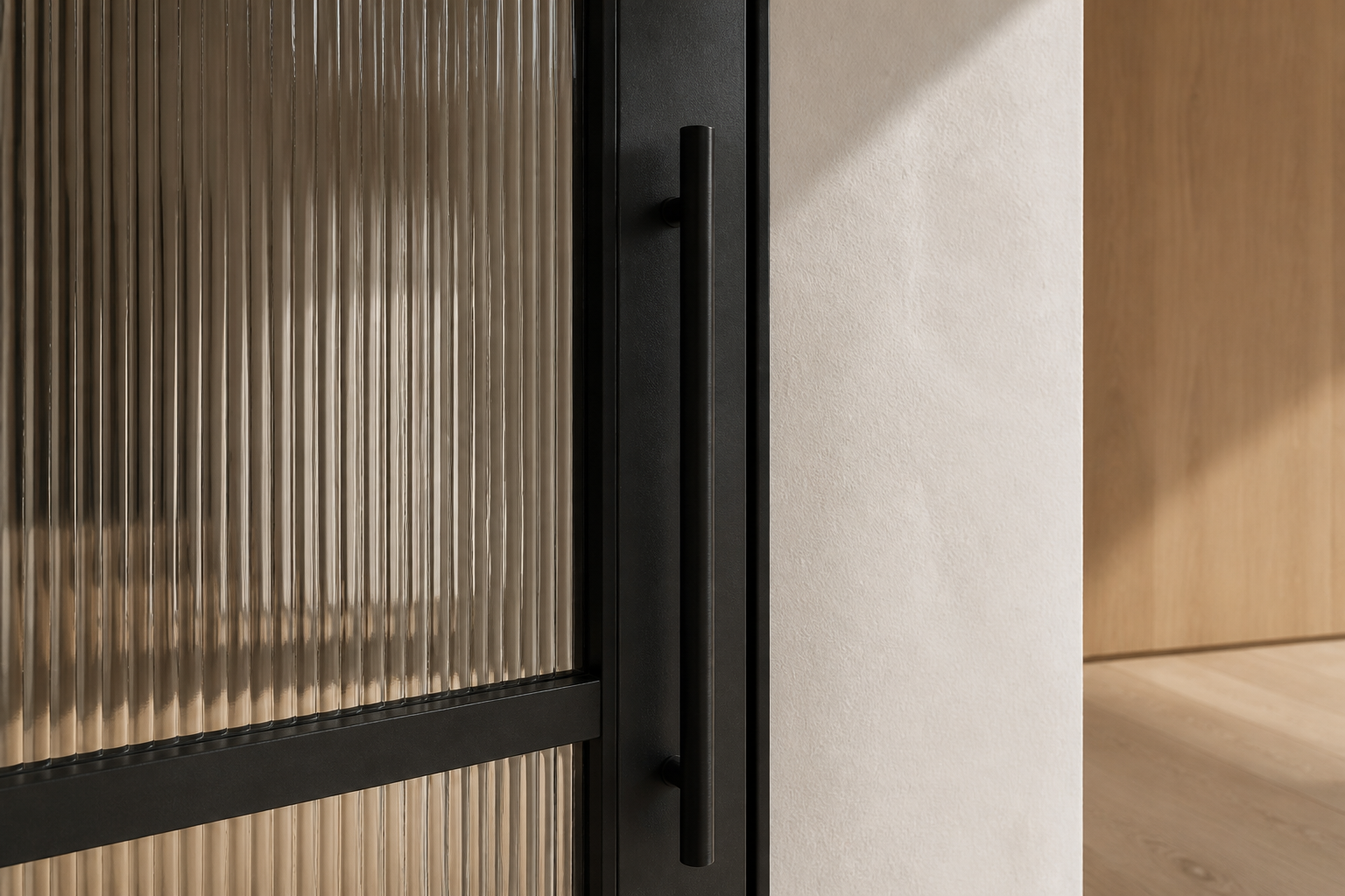 Detail of a black steel profile, textured glass and vertical door pull