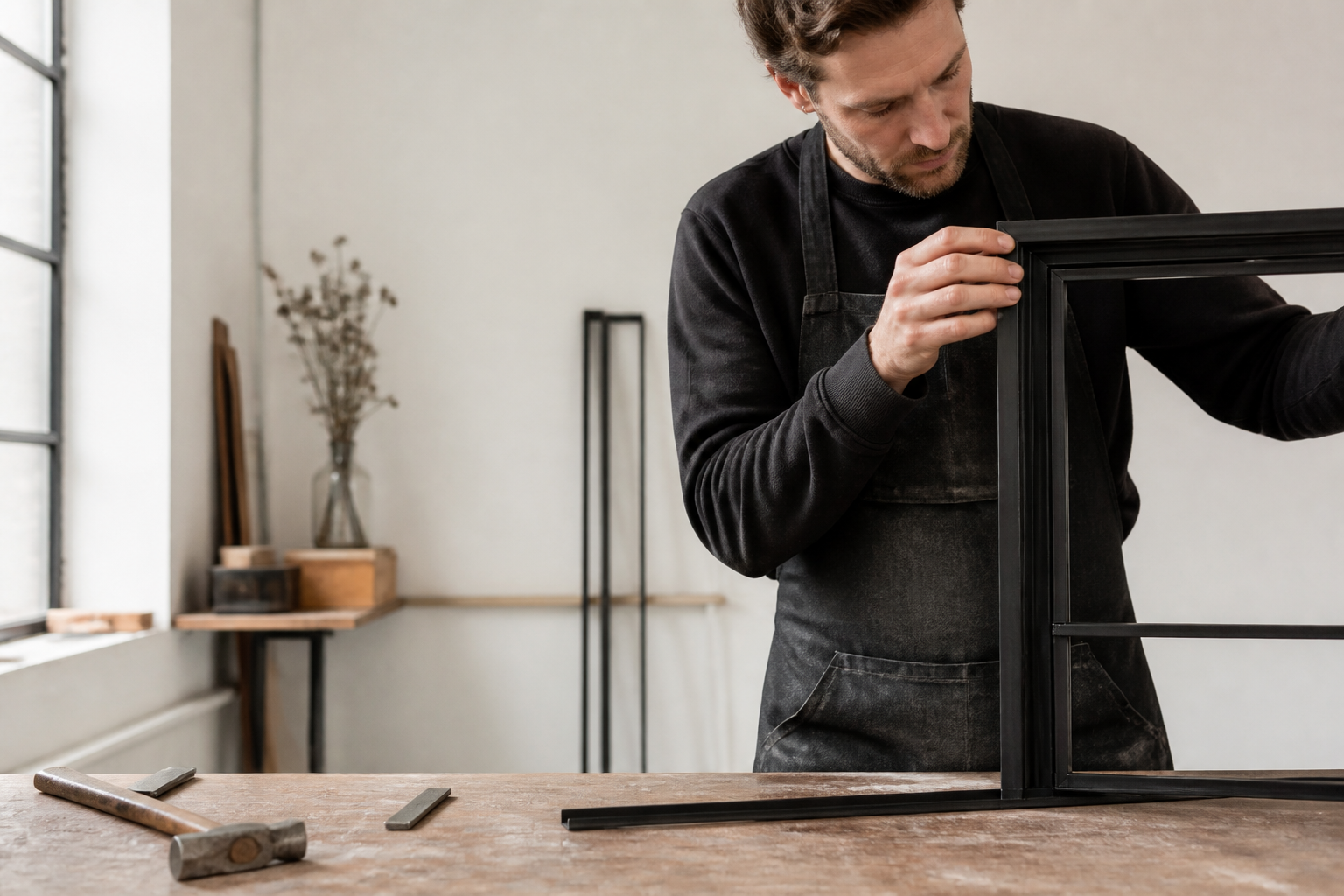 Craftsperson checking the corner joint of a black steel door frame
